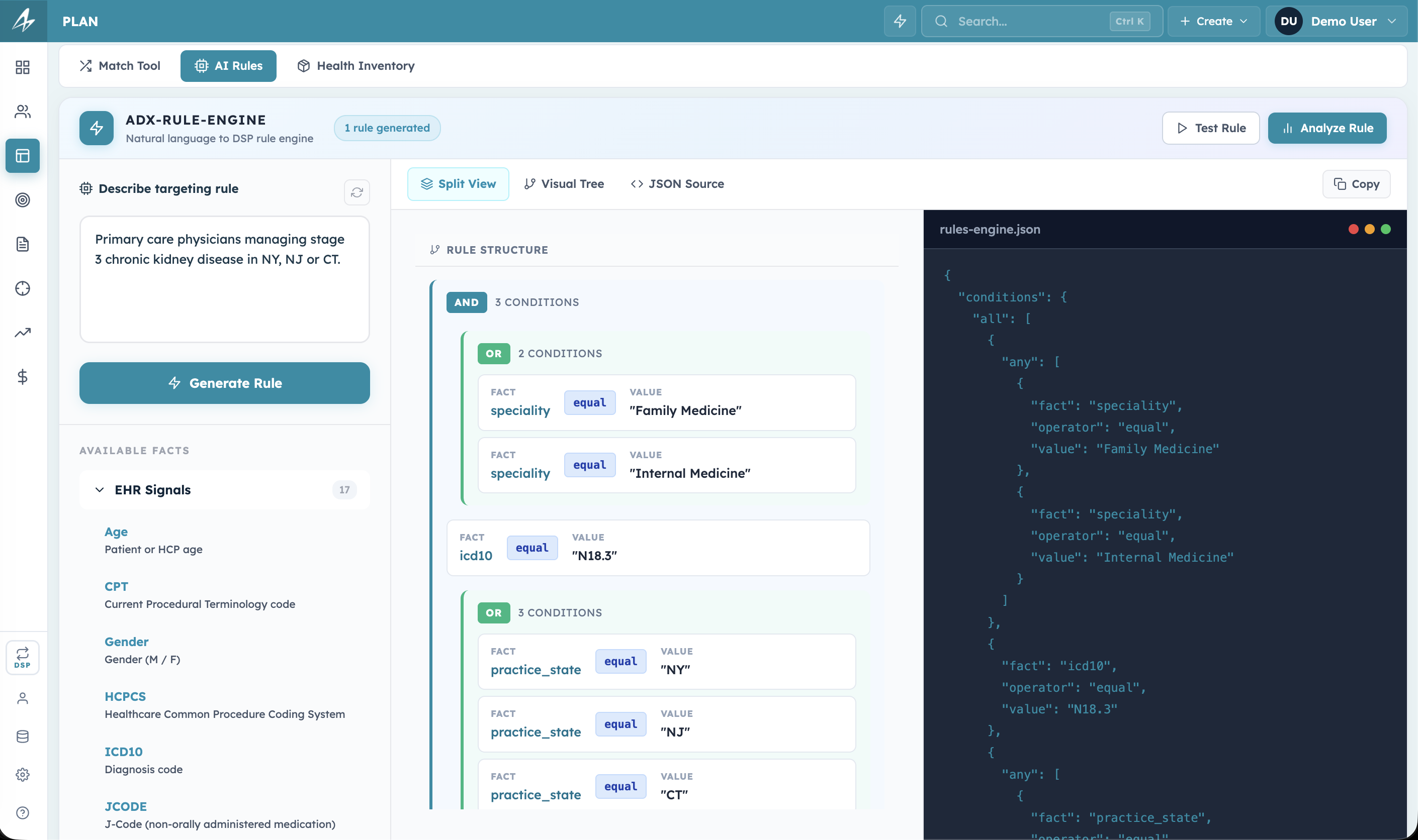 The Rules Engine: a plain-language targeting rule compiling into structured rule logic and JSON source.